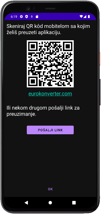 Euro konverter screenshot, dark theme, podijeli aplikaciju