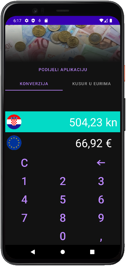 Euro konverter screenshot, dark theme, konverzija, primjer