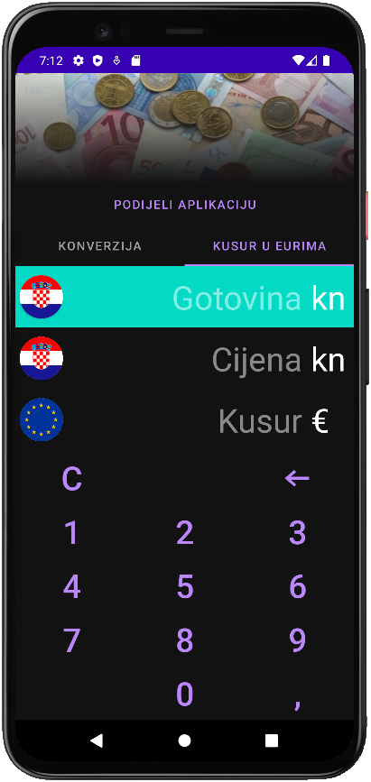 Euro konverter screenshot, dark theme, izračun kusura, uvodni ekran