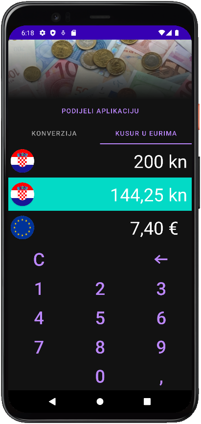 Euro konverter screenshot, dark theme, izračun kusura, primjer