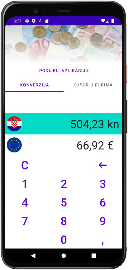 Euro konverter screenshot, light theme, konverzija, primjer