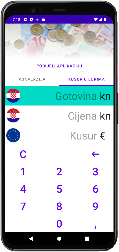 Euro konverter screenshot, light theme, izračun kusura, uvodni ekran