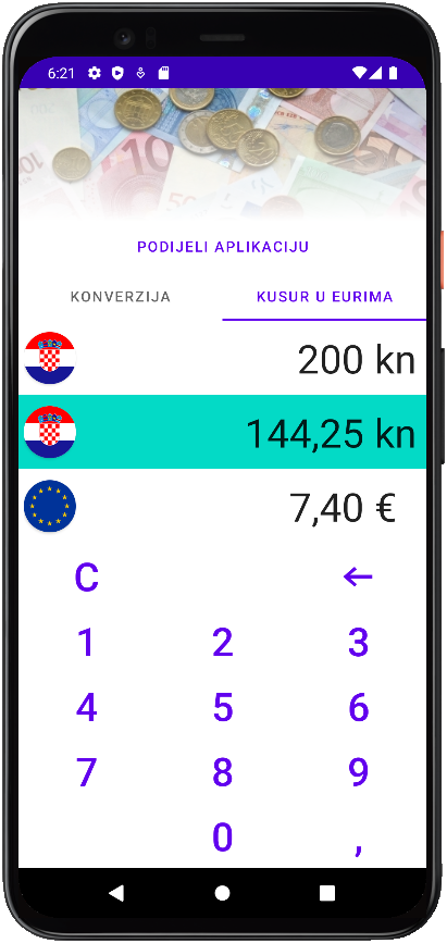 Euro konverter screenshot, light theme, izračun kusura, primjer